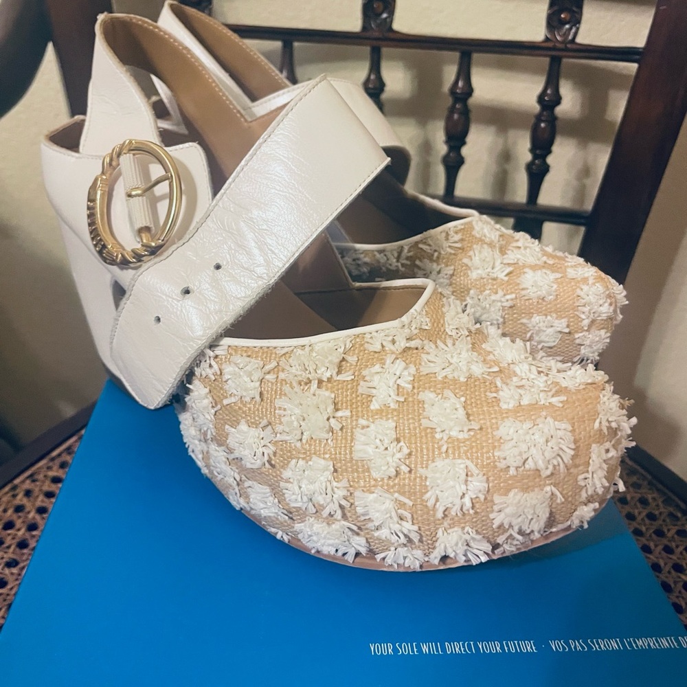 John Fluevog White and Tan Mules